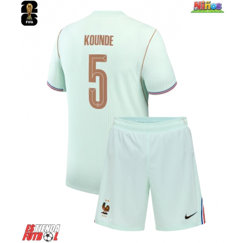 Francia Jules Kounde #5 Segunda Equipación Niños Mundial 2026 Manga Corta (+ Pantalones cortos)